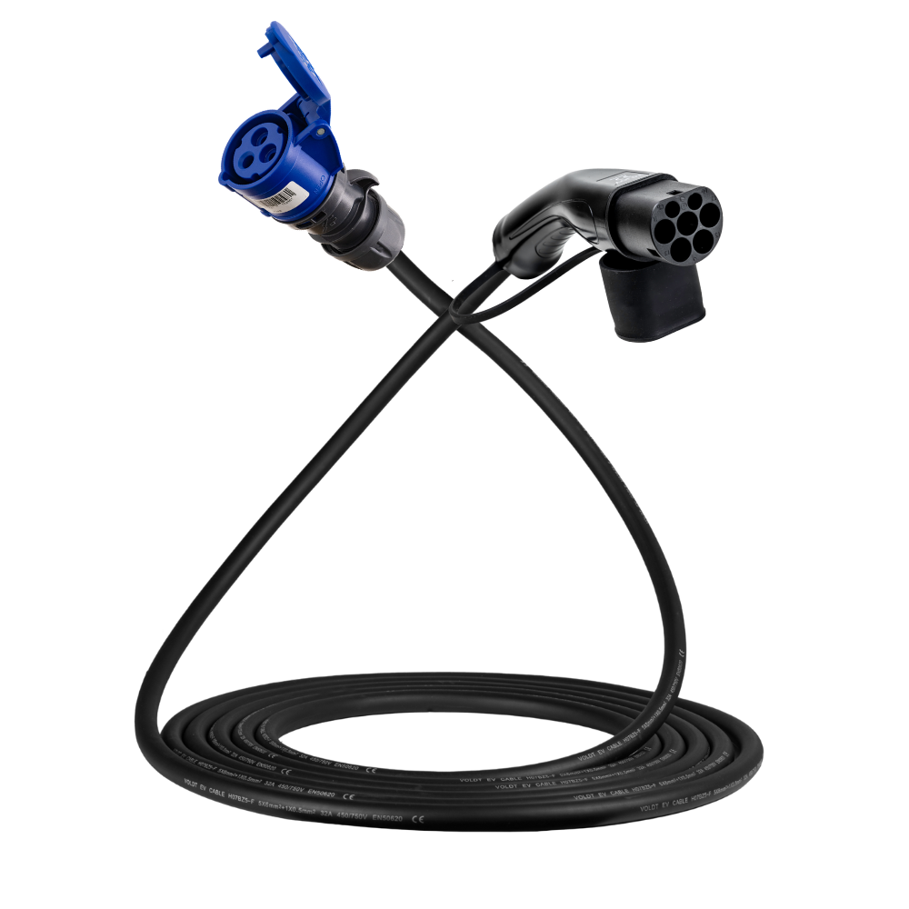 Adapterkabel Typ 2 (Ladestationsseite) auf 3-polige blaue 32A CEE-Buchse