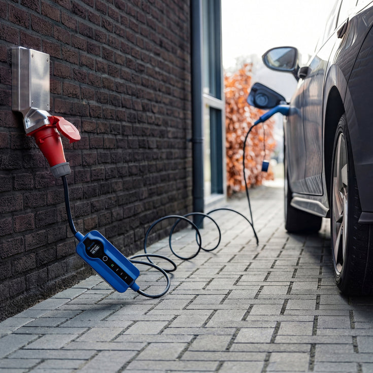 Voldt® red CEE portable charger plugged into an outdoor socket next to a car